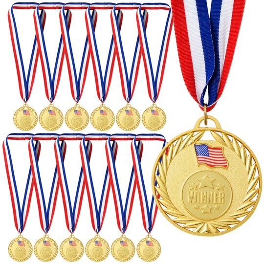 12-Pack Gold Winner Medals for All Ages, Participation Awards with American Flag, 15.5-Inch Red, White, and Blue Ribbon for Sports, Tournaments, Competitions, Heavy-Duty (Metal, 2.75 in)